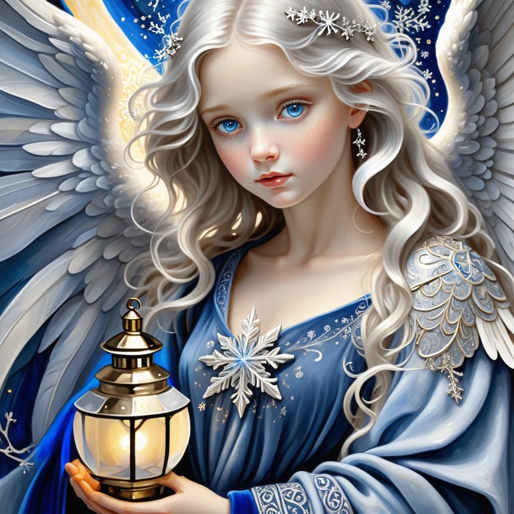 Angelic Figure with Snowflake Lantern in Ethereal Style