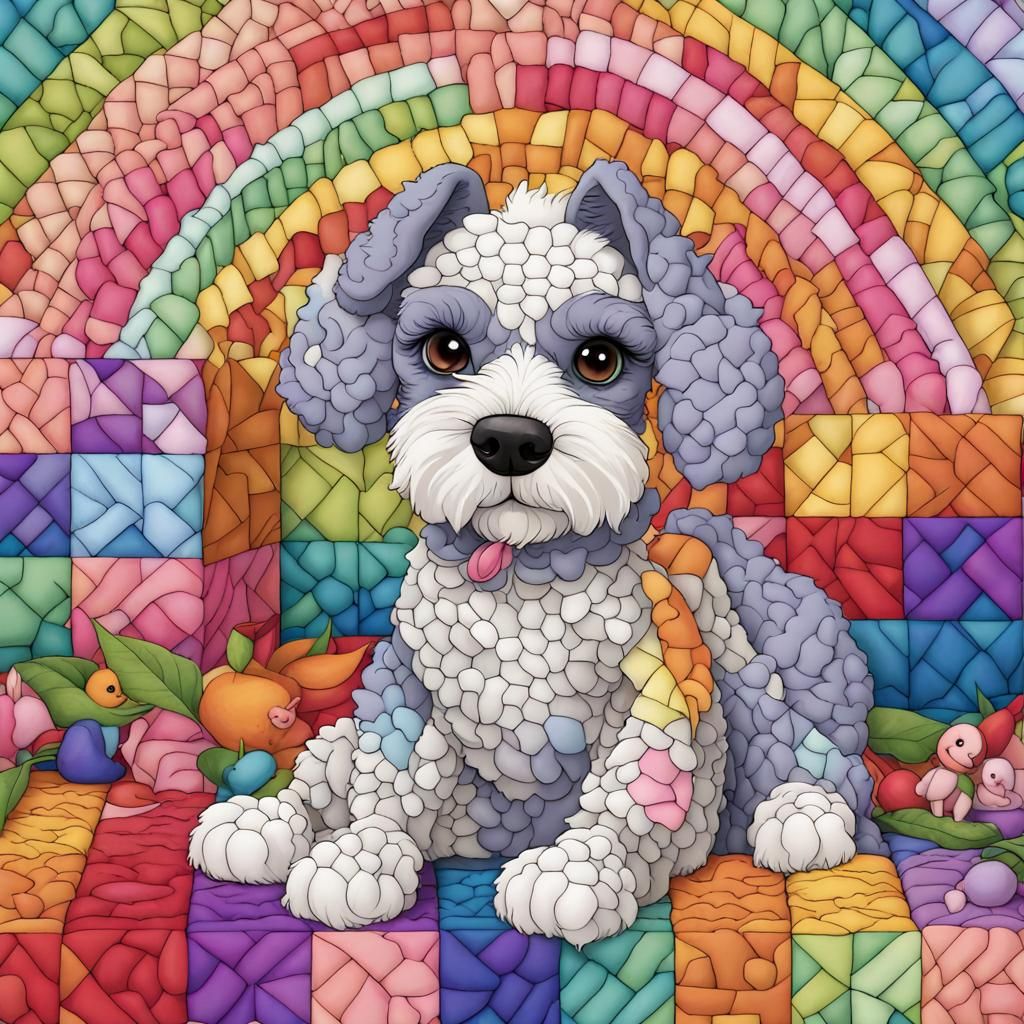 a cartoon dog sitting in a patchwork, botanical rainbow back...