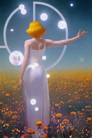 Ethereal Woman Floating in Electric Circles, Film Noir