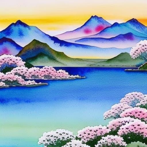 Japanese Watercolor Scenery with Flowing Strokes