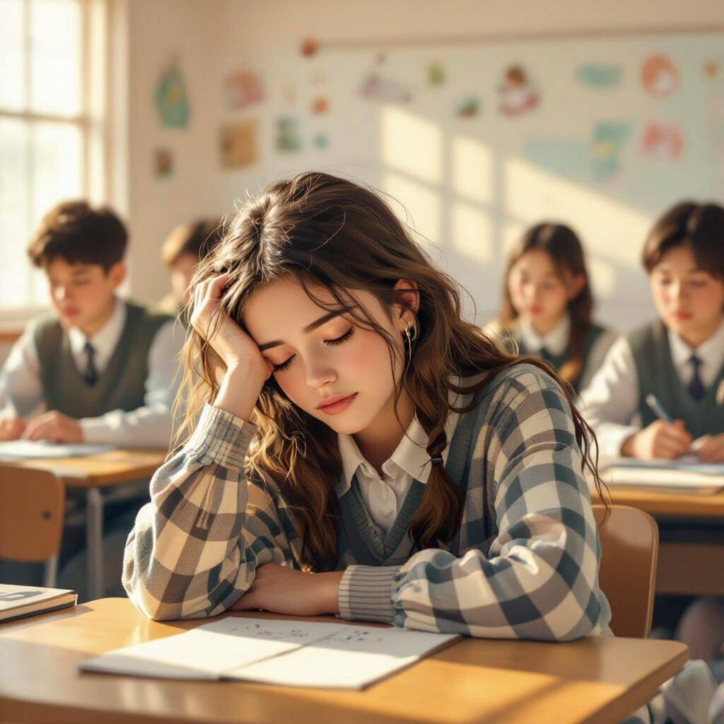 Tired Girl in Classroom, Inspired by Classic Illustration