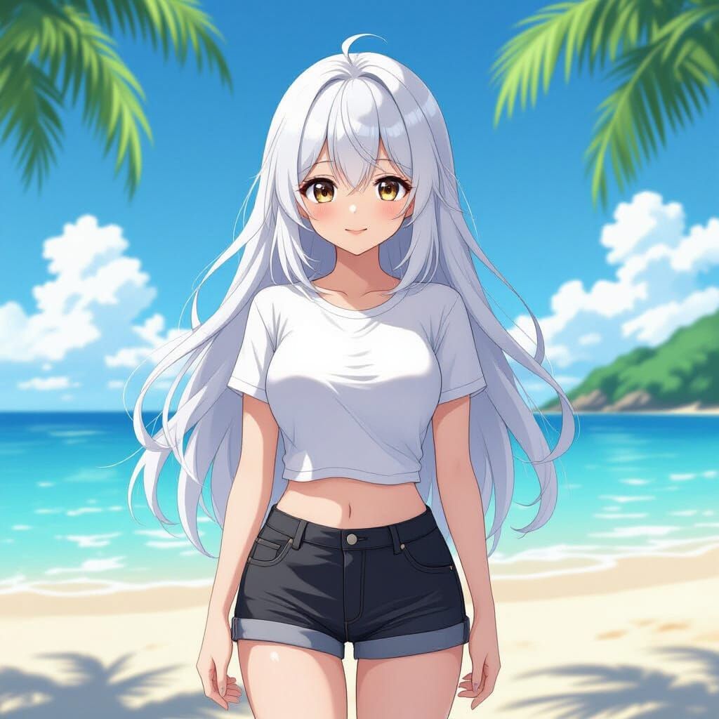 Anime Girl with Curvy Figure on Beach in Anime Style