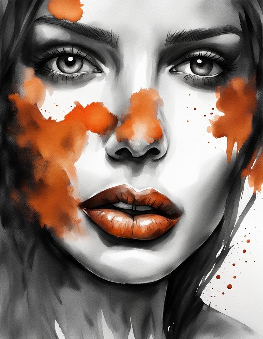 Color Splash Art woman portrait with lips of dark rust color