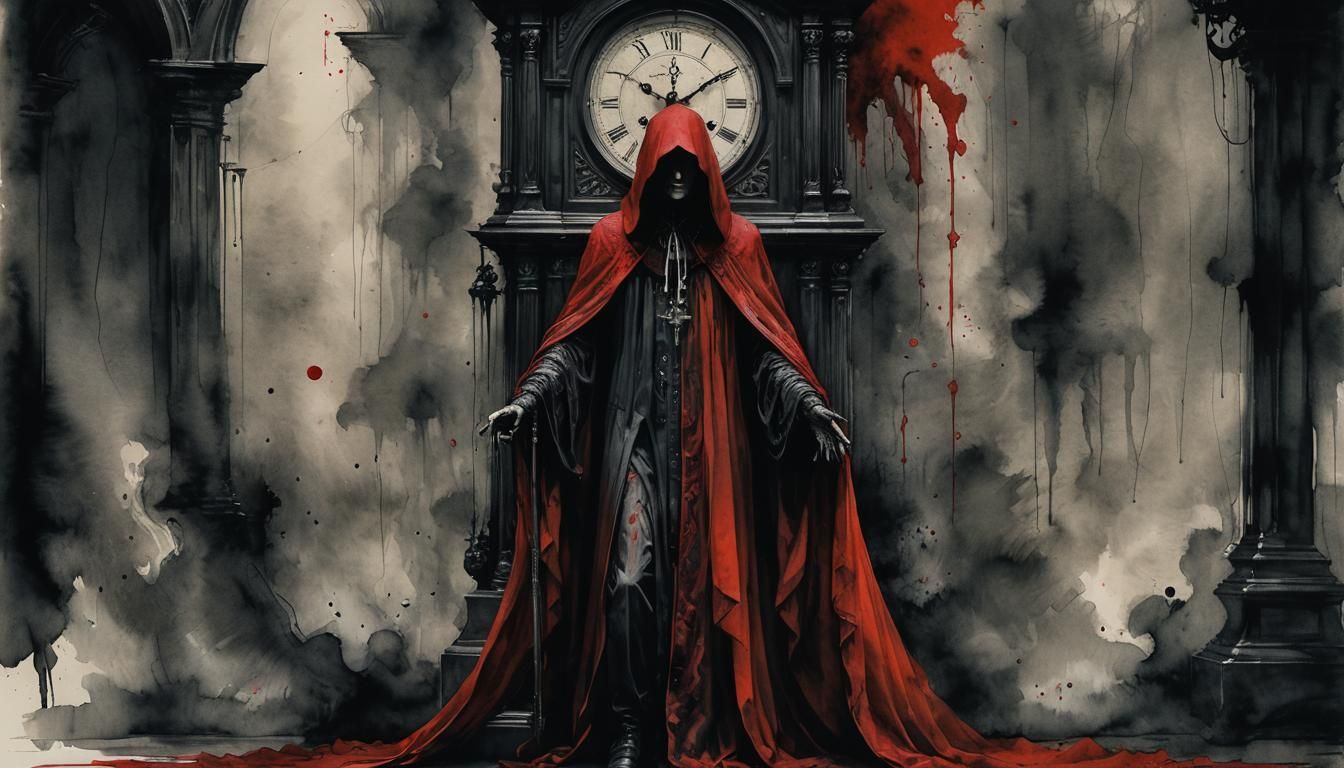 Ominous Veiled Figure Beside Ebony Clock