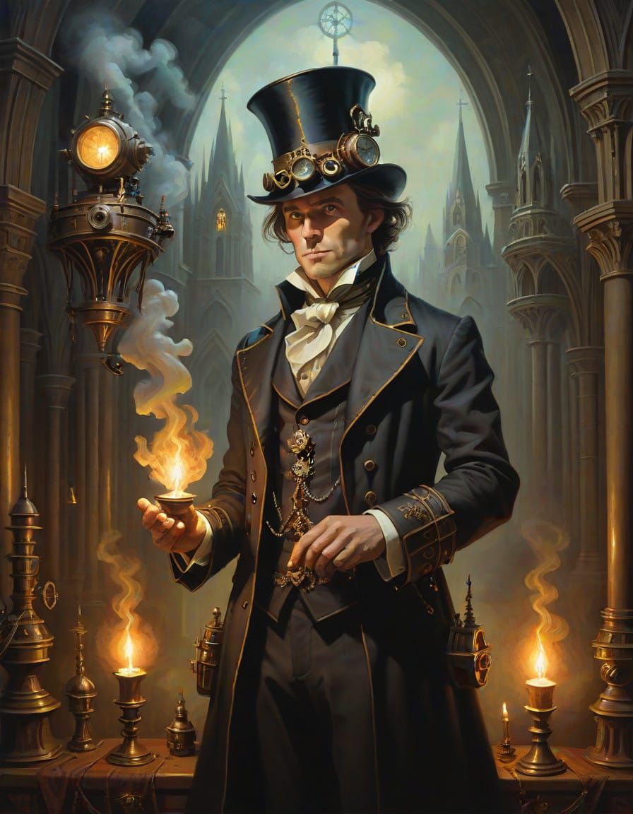 Steampunk Sorcerer in a Candlelit Cathedral