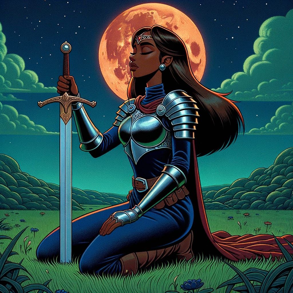 Retro Cartoon: Black Woman Adventurer Under Moonlight