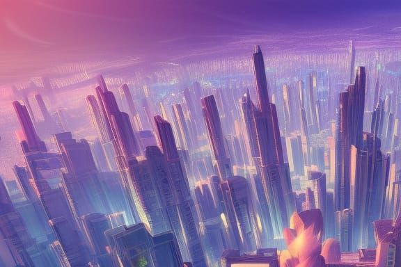 Alien Crystal Cityscape in Peach-Rose-Gold Hues