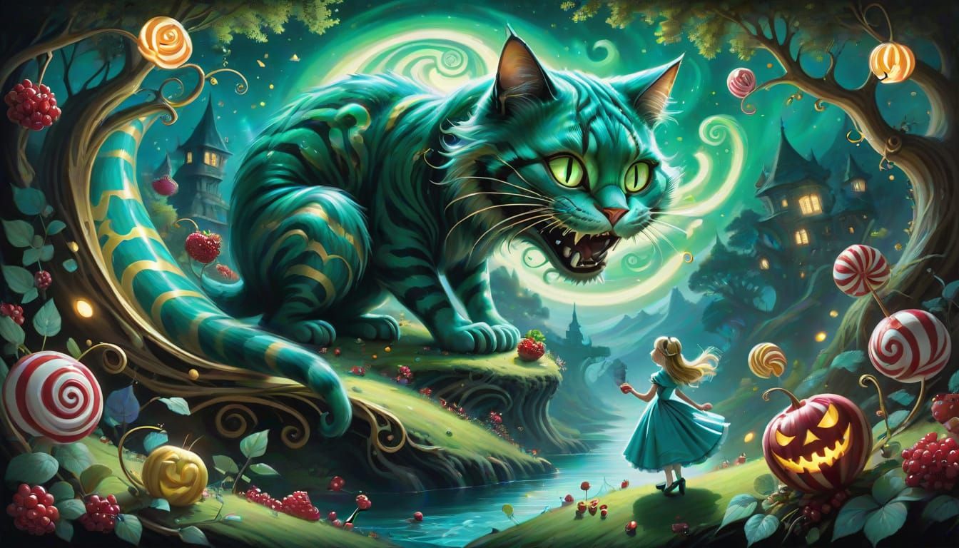 Alice and Giant Cheshire Cat in Bioluminescent Wonderland