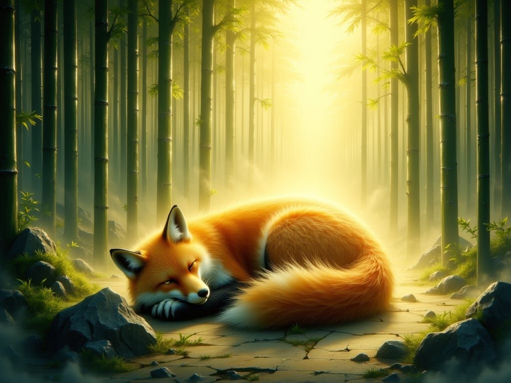Peaceful Kitsune in Sunlit Bamboo Forest