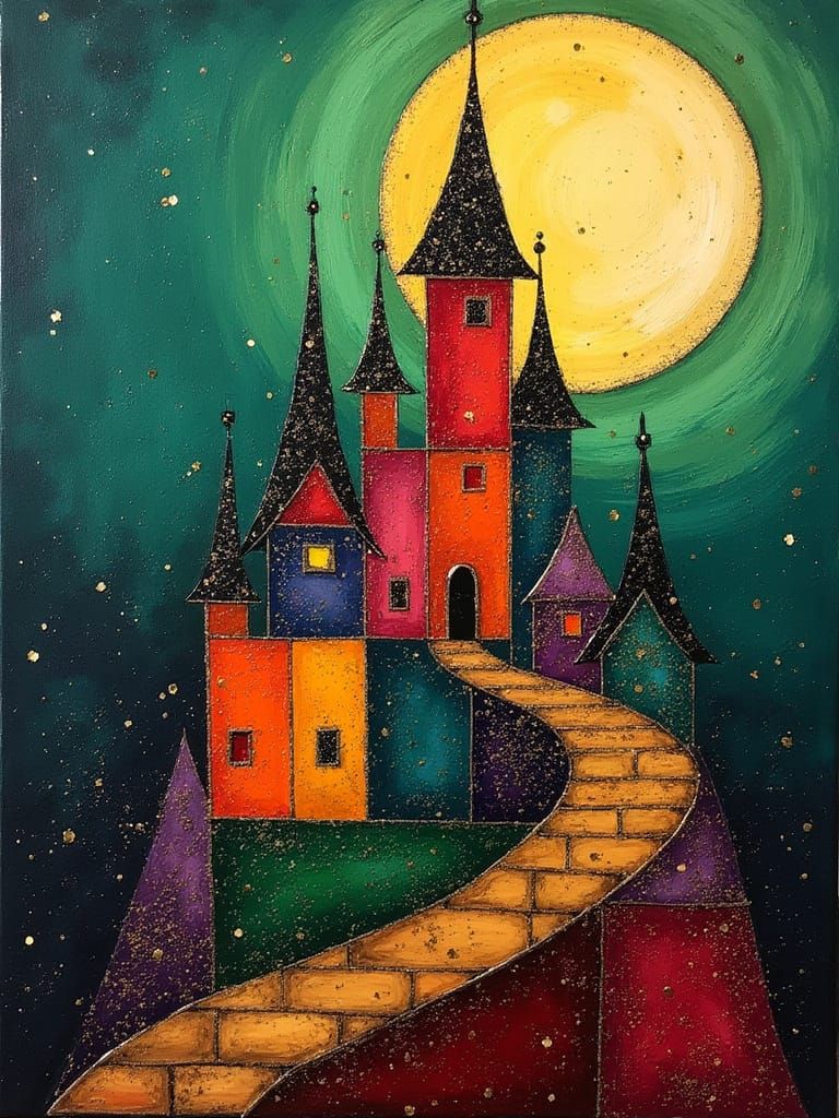Fairytale Castle under Moon in Abstract Impasto Style