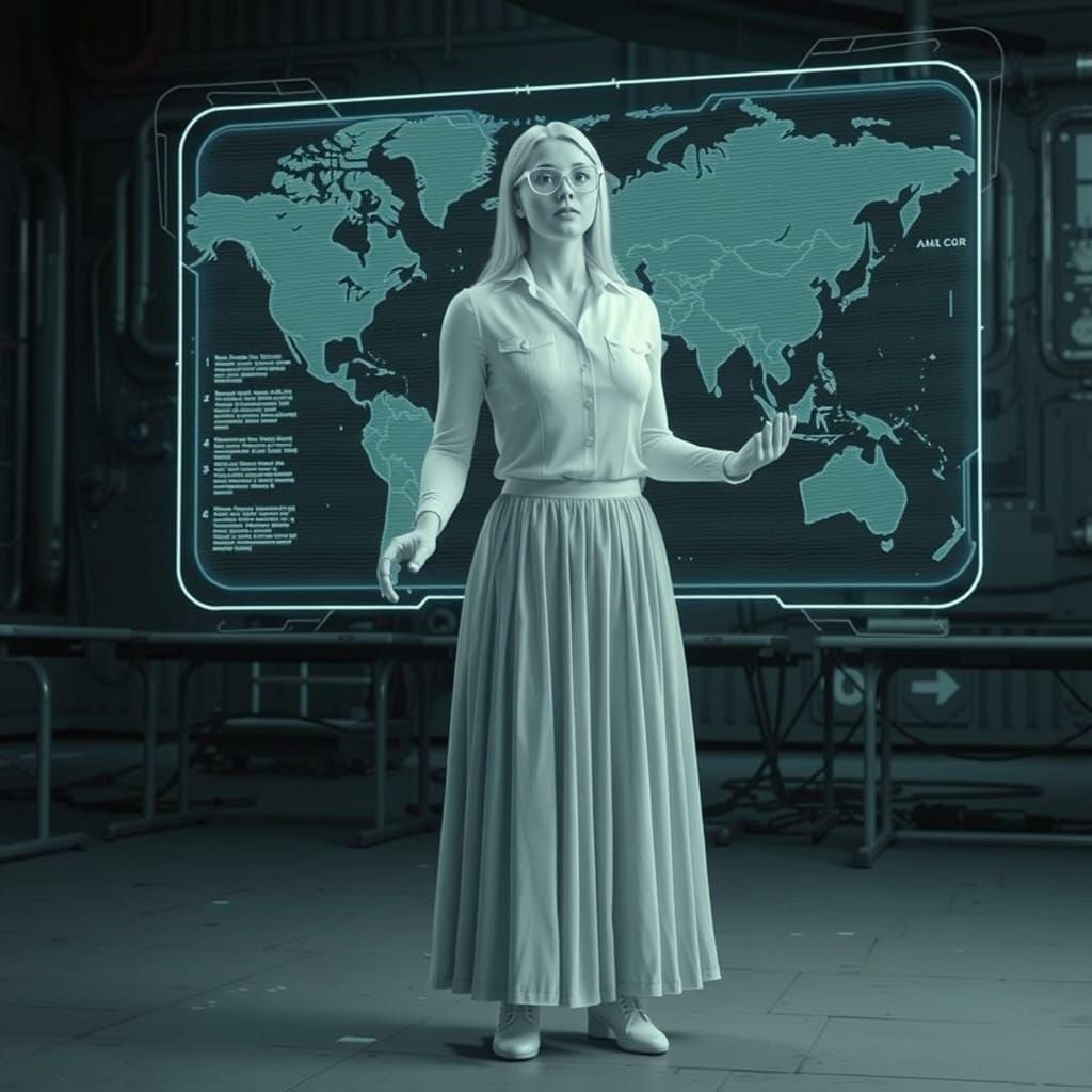Semi-Transparent Hologram of Female Geography Teacher in Fut...