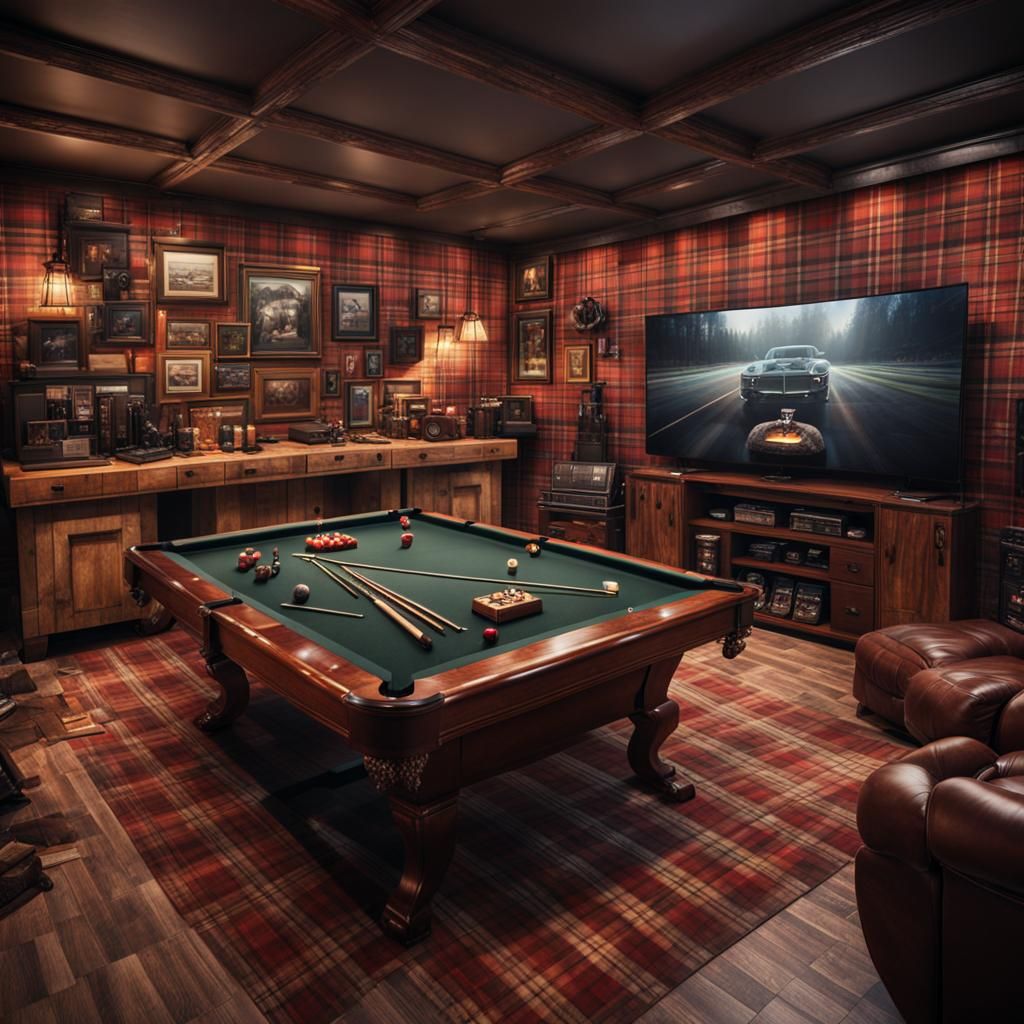 a hyperdetailed man cave with a plaid pattern theme using various of textured and materials it should have a warm,  comf...