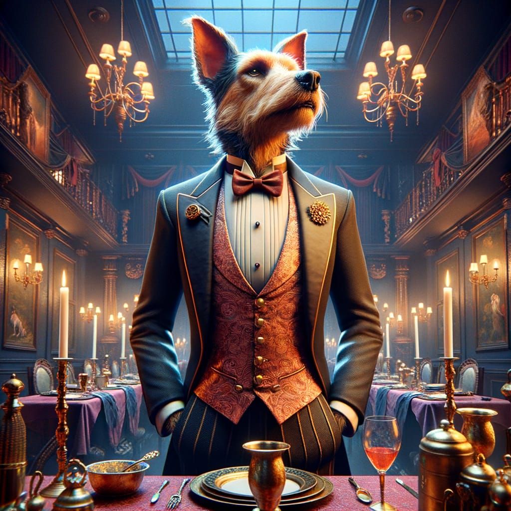 Anthropomorphic Dog in Tuxedo at Dinner Party