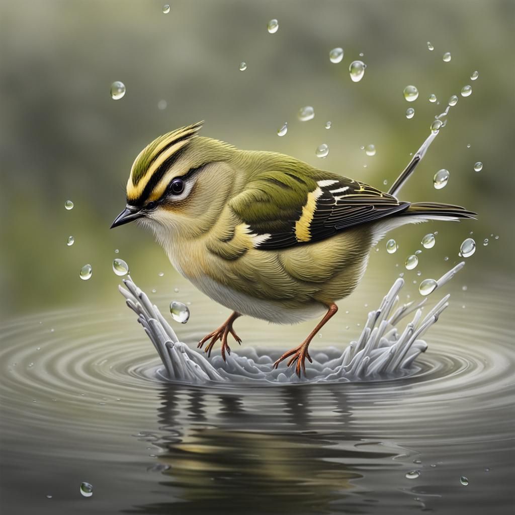 Goldcrest Bathing in Misty Stream: Hyperrealistic Image