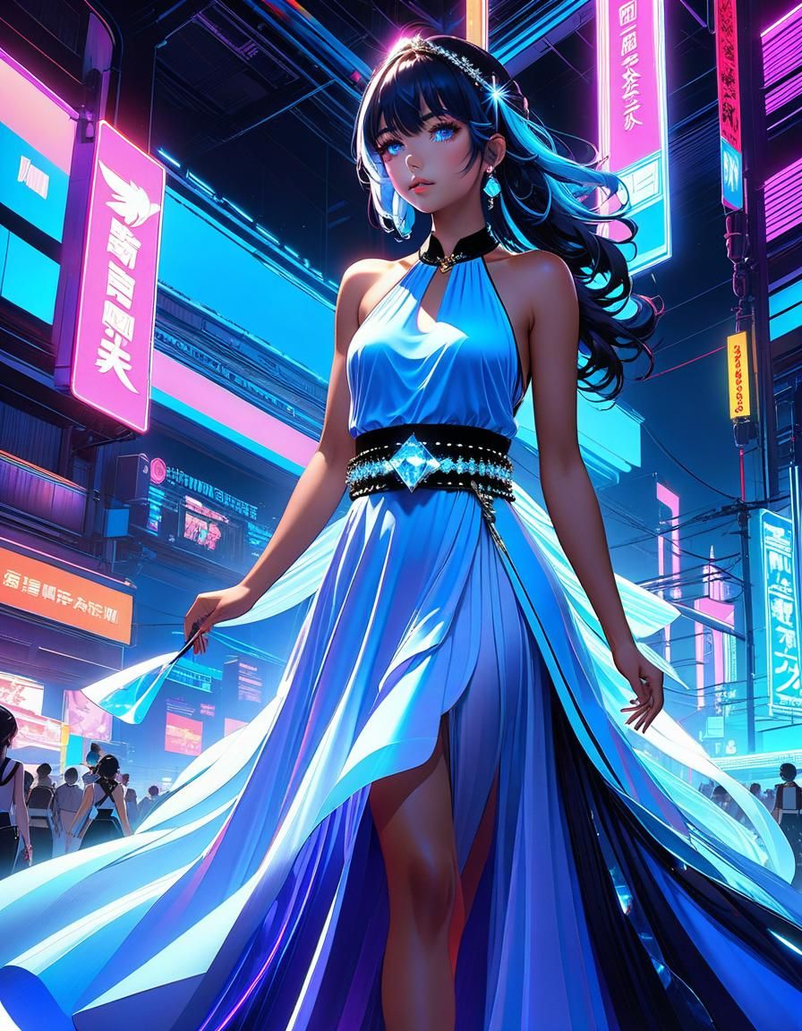 Sky Blue Dress in Neon Lights: 3D Anime Art