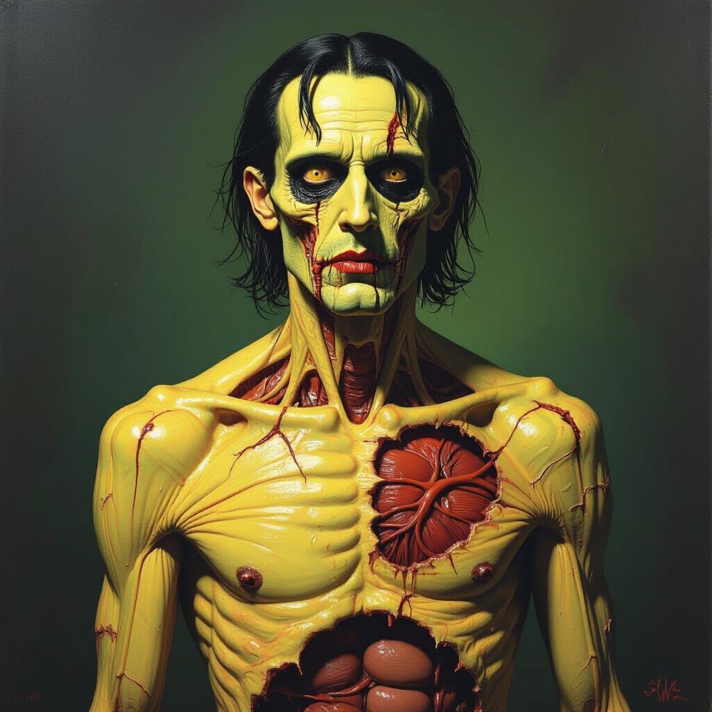 Stitched Corpse Man with Transparent Skin in Dramatic Painti...