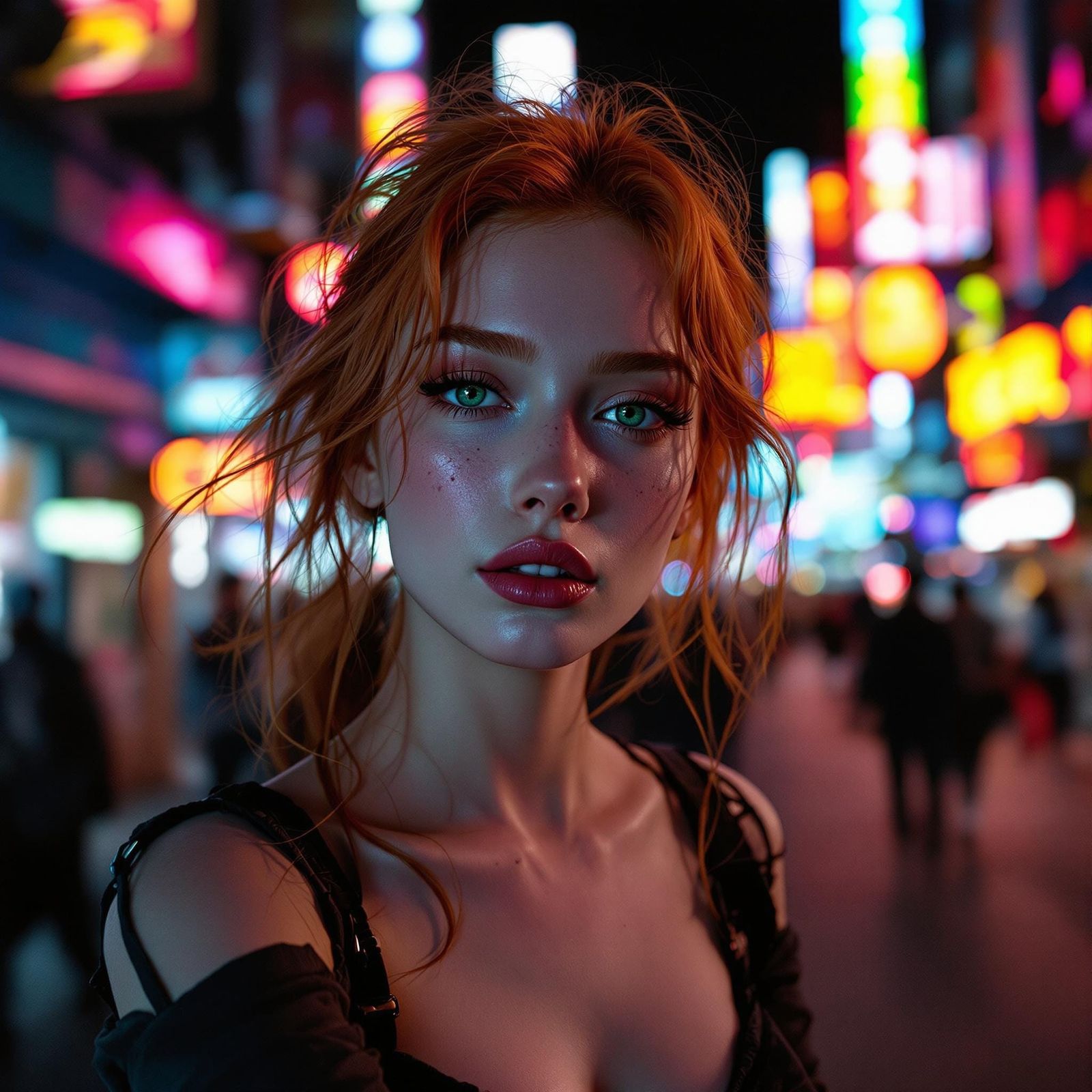 Sensual Asian Woman Strolls Through Neon City at Night