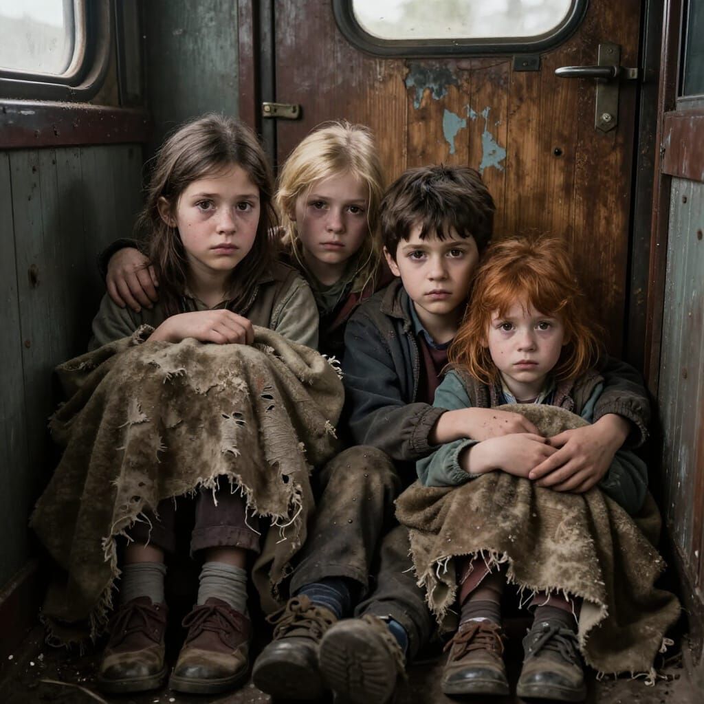 Orphaned Children in Dusty Boxcar, Photorealistic