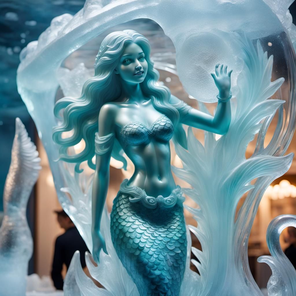 Detailed Ice Mermaid Sculpture in Sea Restaurant