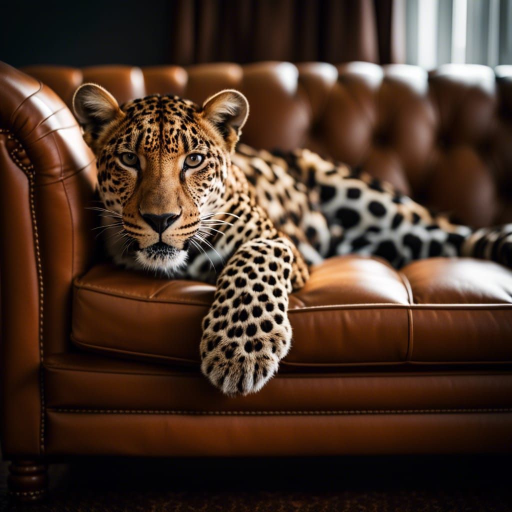 Cognac Leather Couch feat Leopard