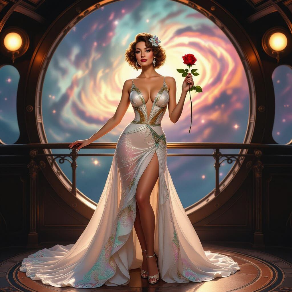 Elegant Showgirl on Spaceship Bridge in Art Nouveau Style
