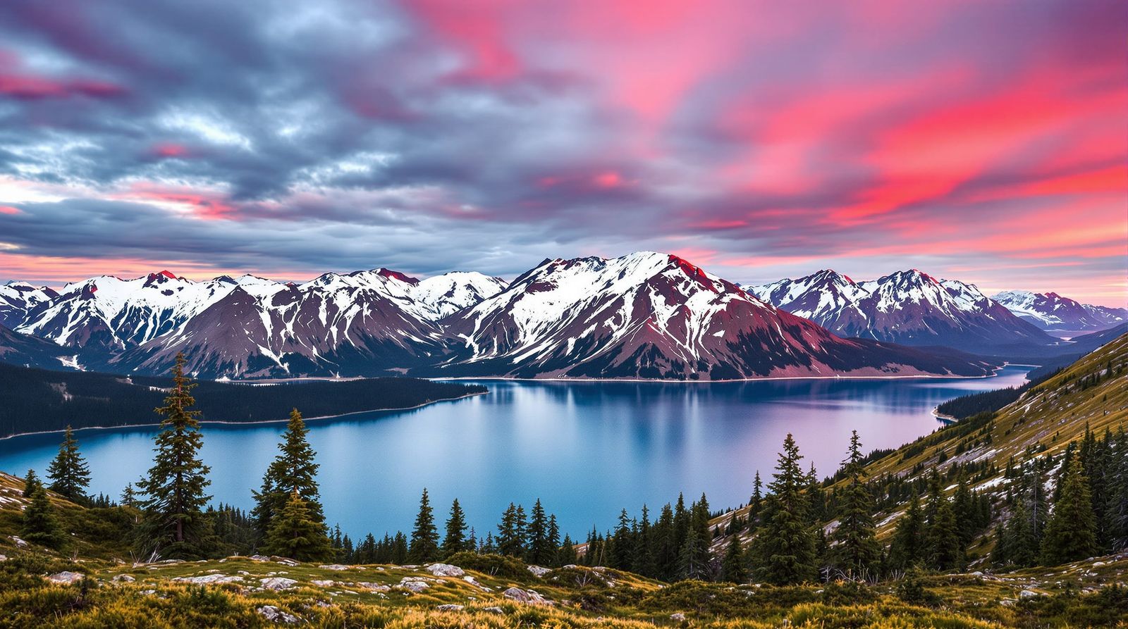 Red Sky Over Mountain Lake and Peaks