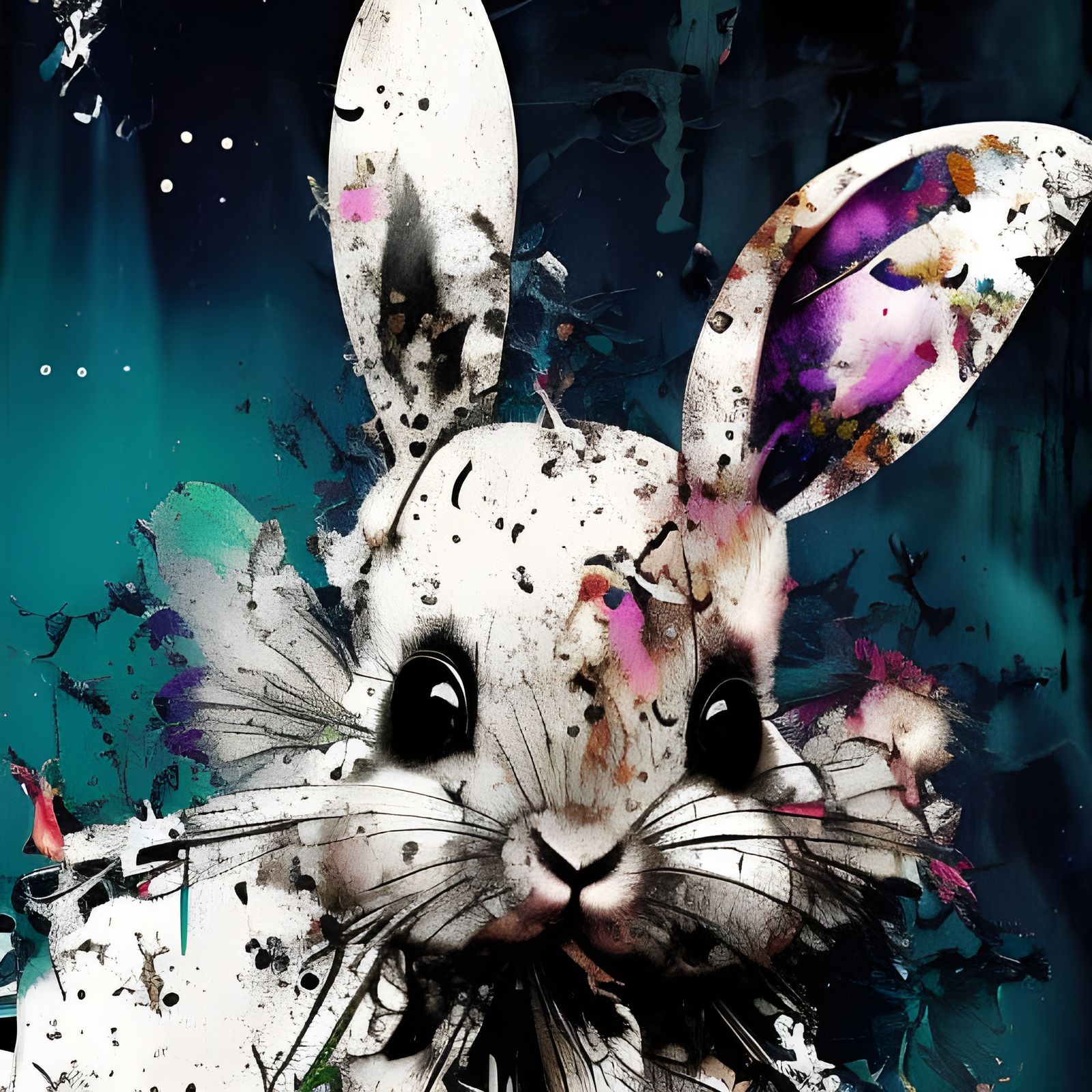 Adorable Chibi Bunny Portrait in Inkblot Art