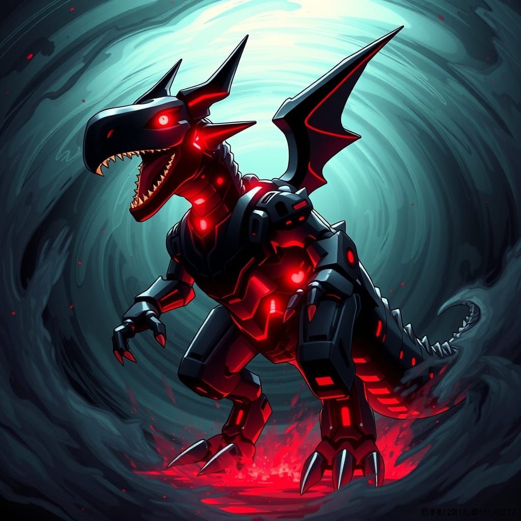 Cybernetic Dinosaur God Awakens in Dark Aura