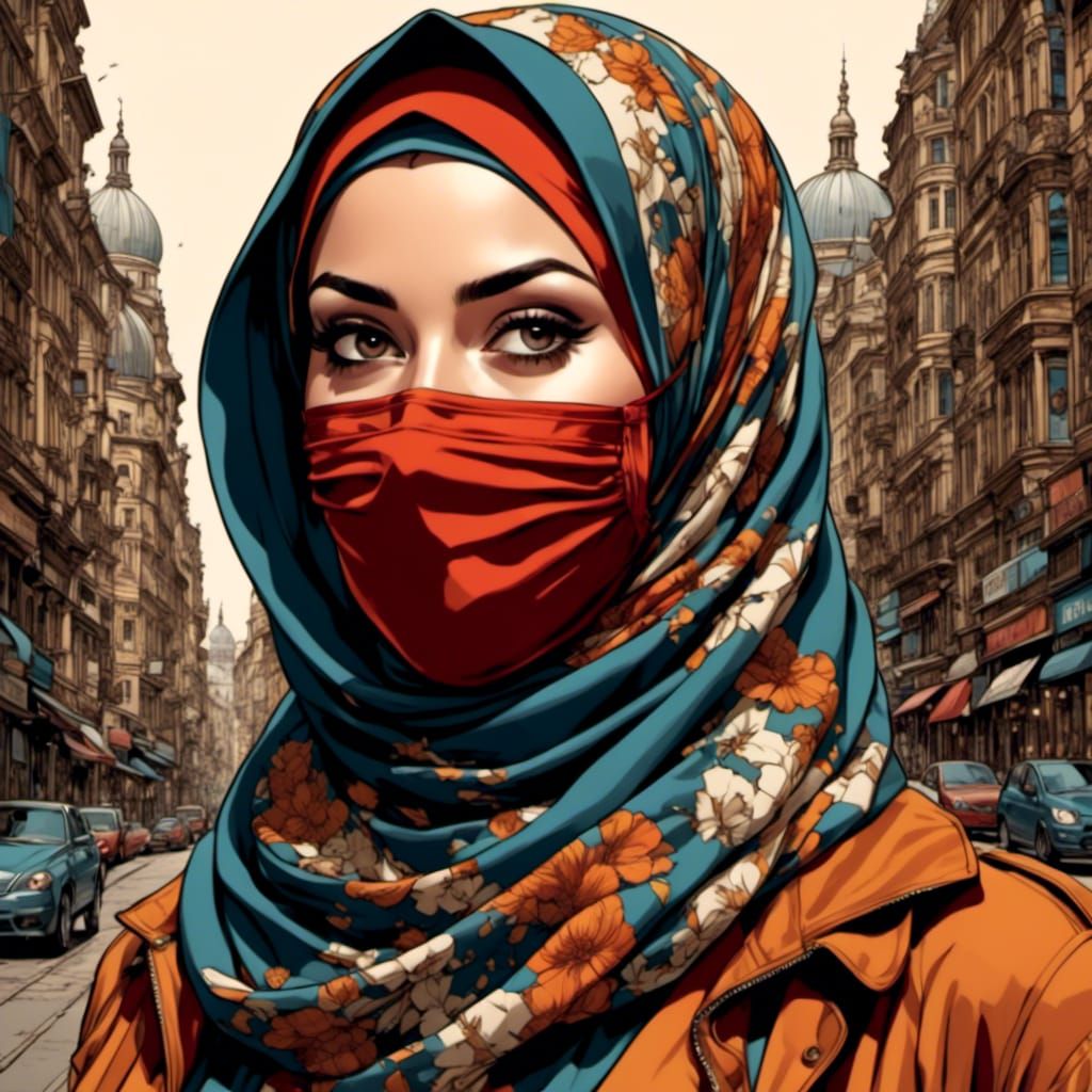 Beautiful Woman in Hijab in Vintage Comic Style