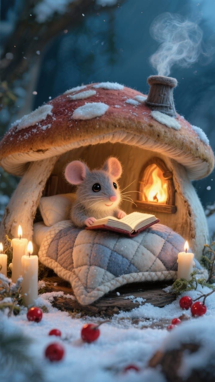 Adorable Felt Mouse in Mushroom House Storybook Style