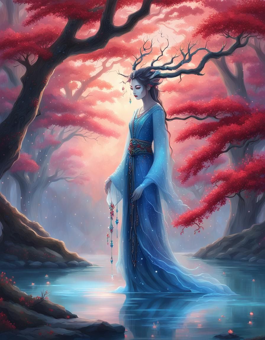 Ethereal Forest Spirit Dancing by Sakura Tree