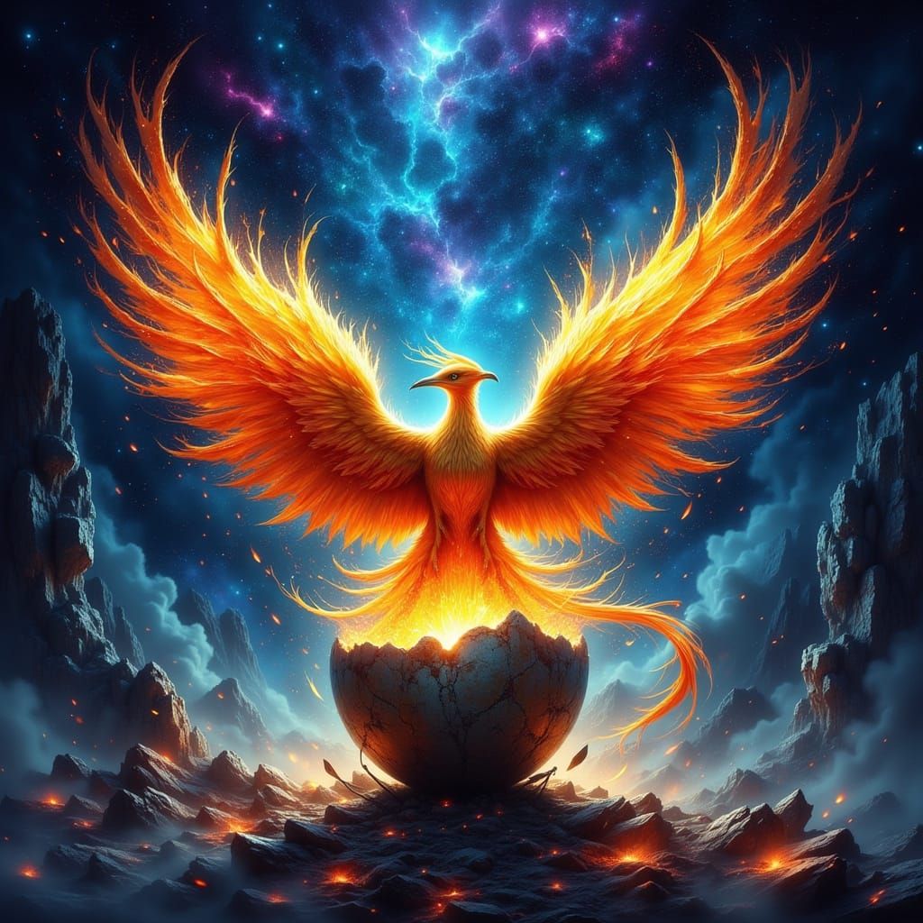 Majestic Phoenix Erupting From Cosmic Egg
