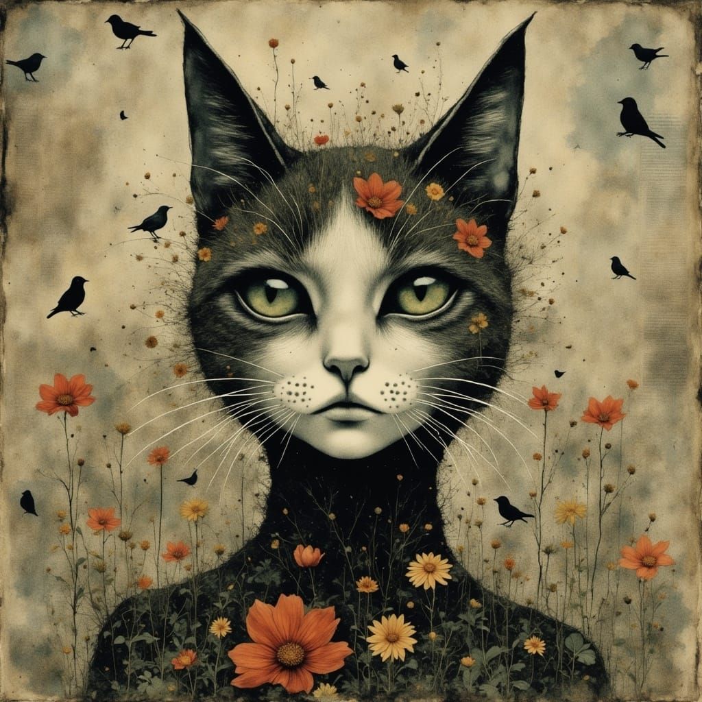 Whimsical Feline with Floral Gaze