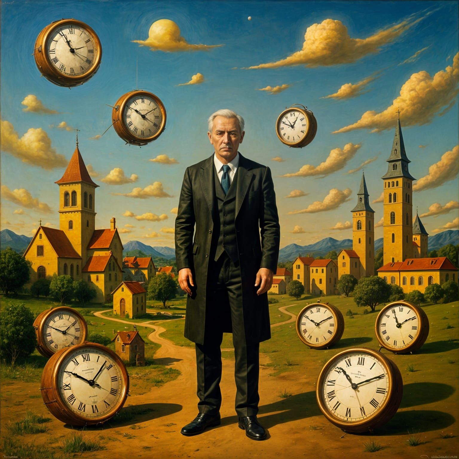 Surreal Landscape with Melting Clocks in Oil Painting Style