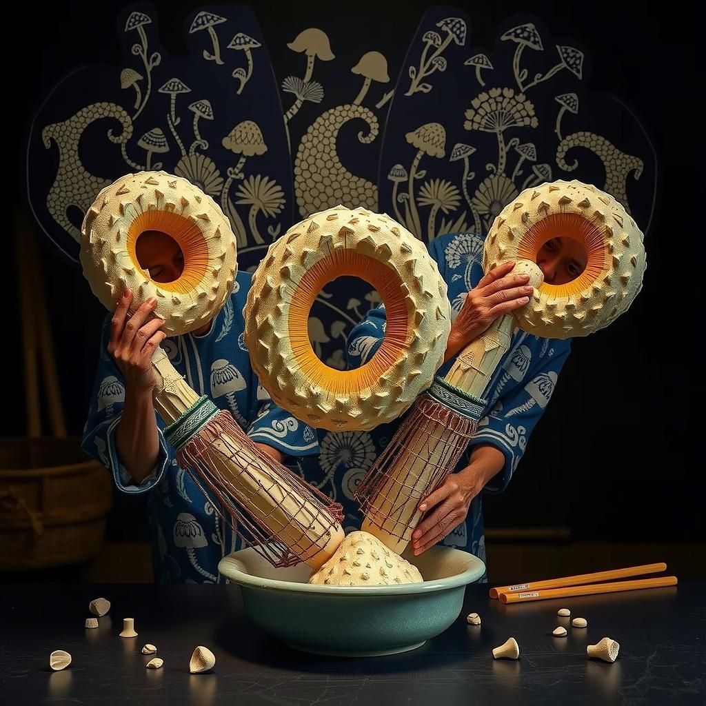 Elderly Workers Tending Gigantic Mushrooms