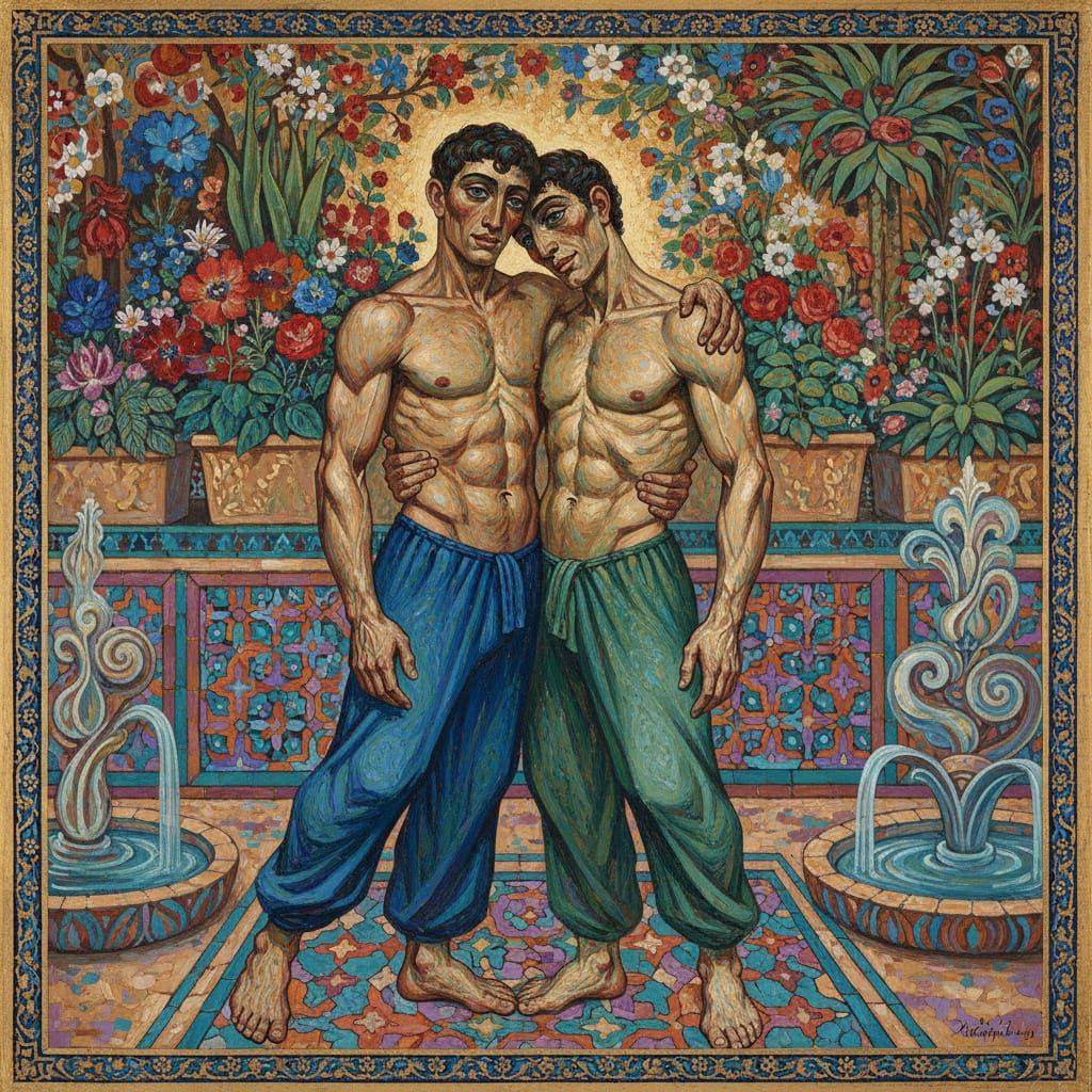 Two Men Embracing in Lush Garden, Persian Art Style