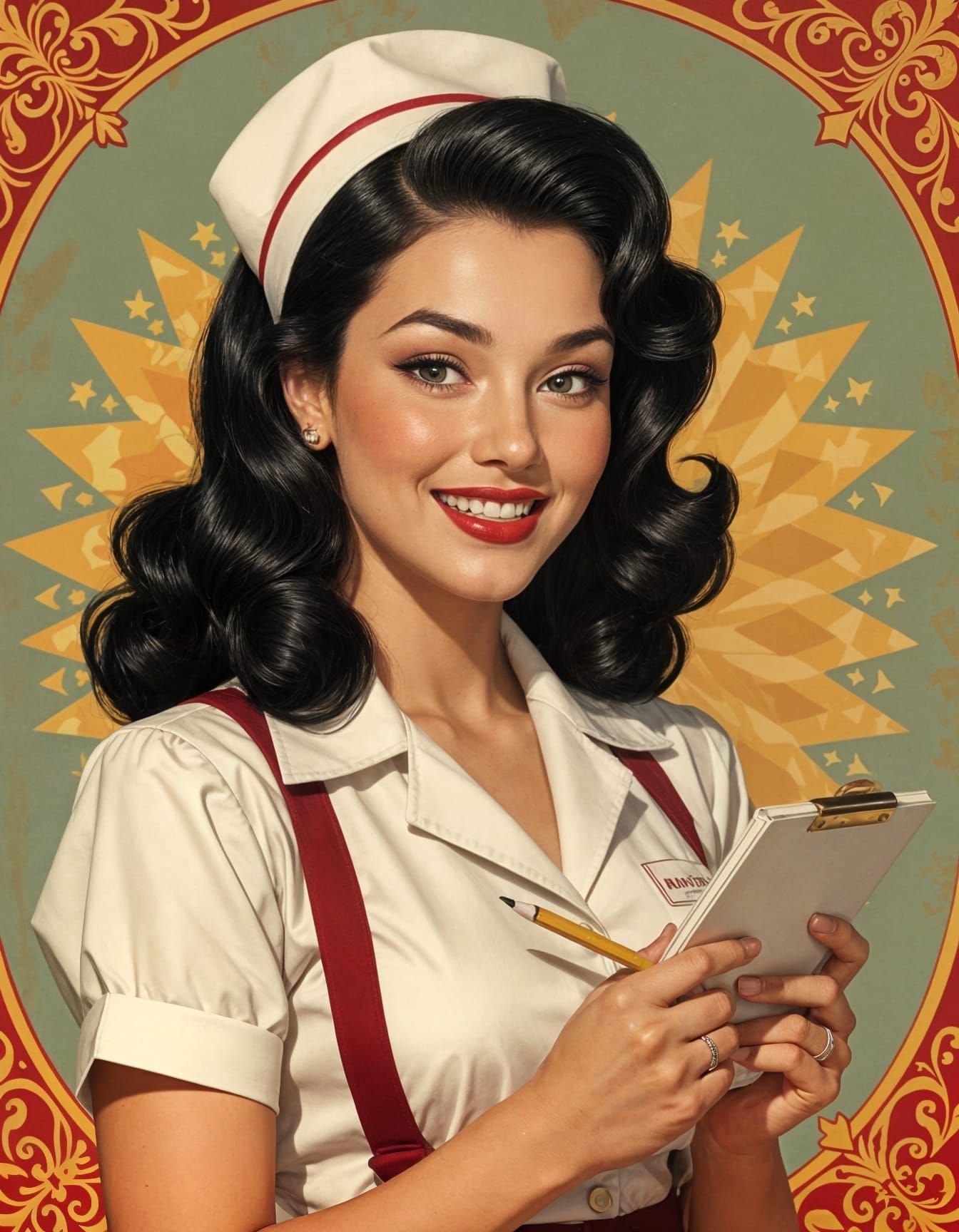 Beautiful Woman in 1940s Waitress Uniform, Hyperrealistic Ar...