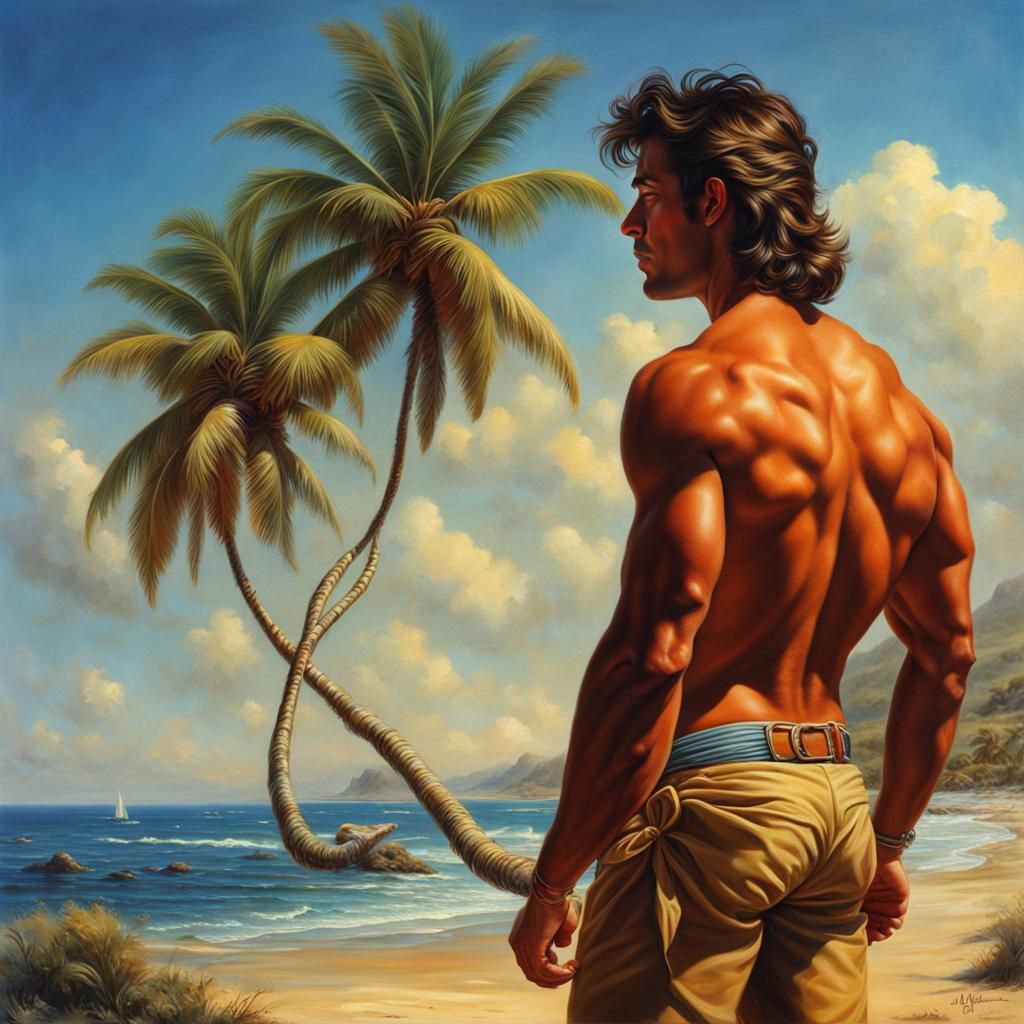 Nude Man on Paradise Beach in Hyperrealism