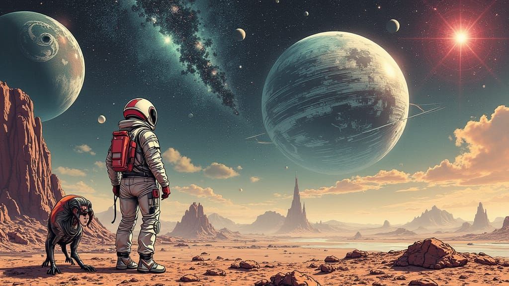 Astronaut and Alien on Distant Planet in Cosmic Surrealism