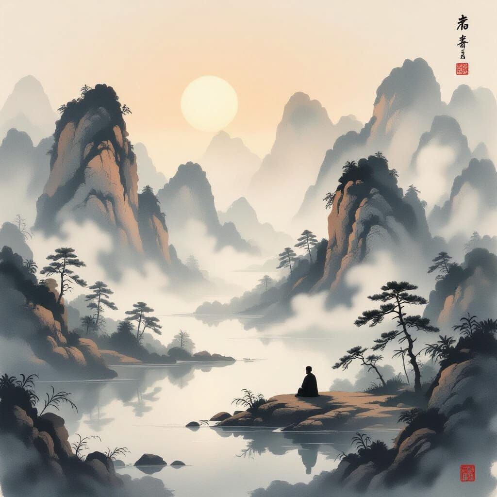 Serene Chinese Ink Wash Landscape Inspired by Daodejing