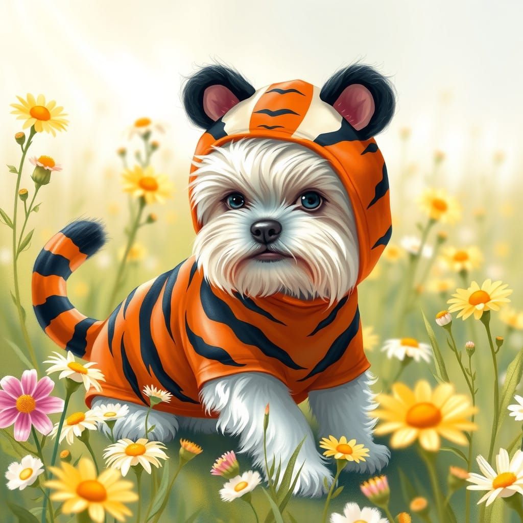 Impressionist Tiger Dog Plays in Whimsical Meadow