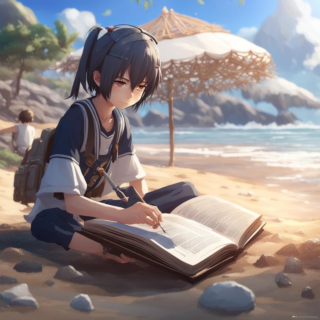 Digital Beach Reader in 3D Anime Style