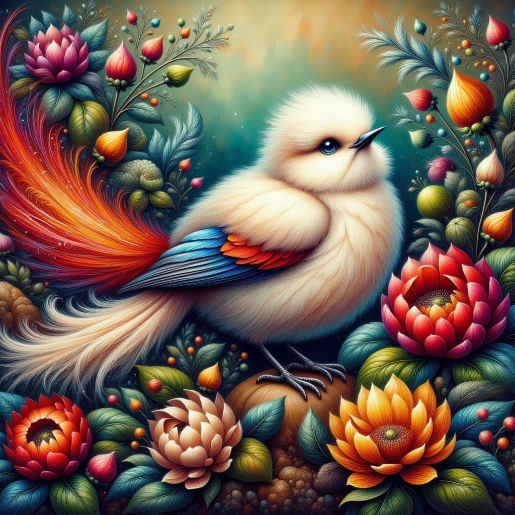 Bird with Flowers in Tonalist Oil Painting