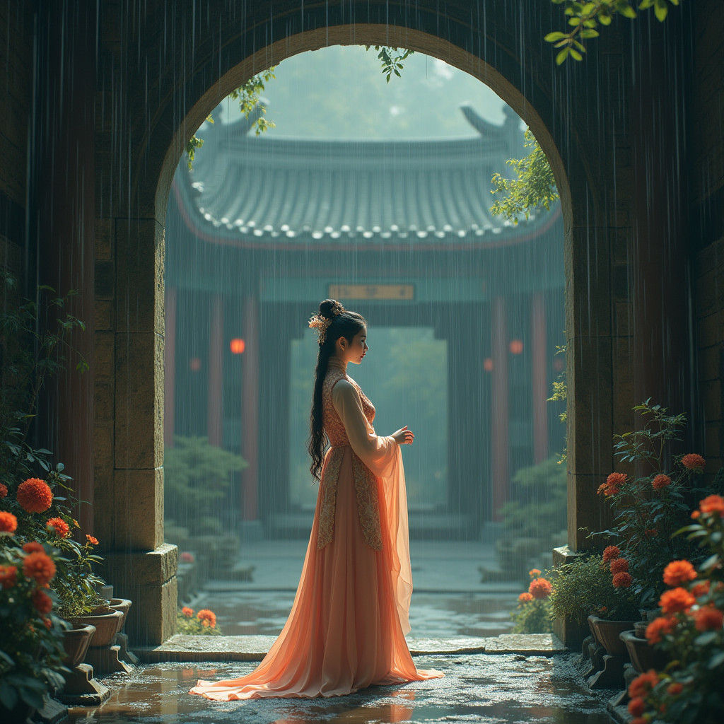 Chinese Model in Hanfu at Ancient Temple