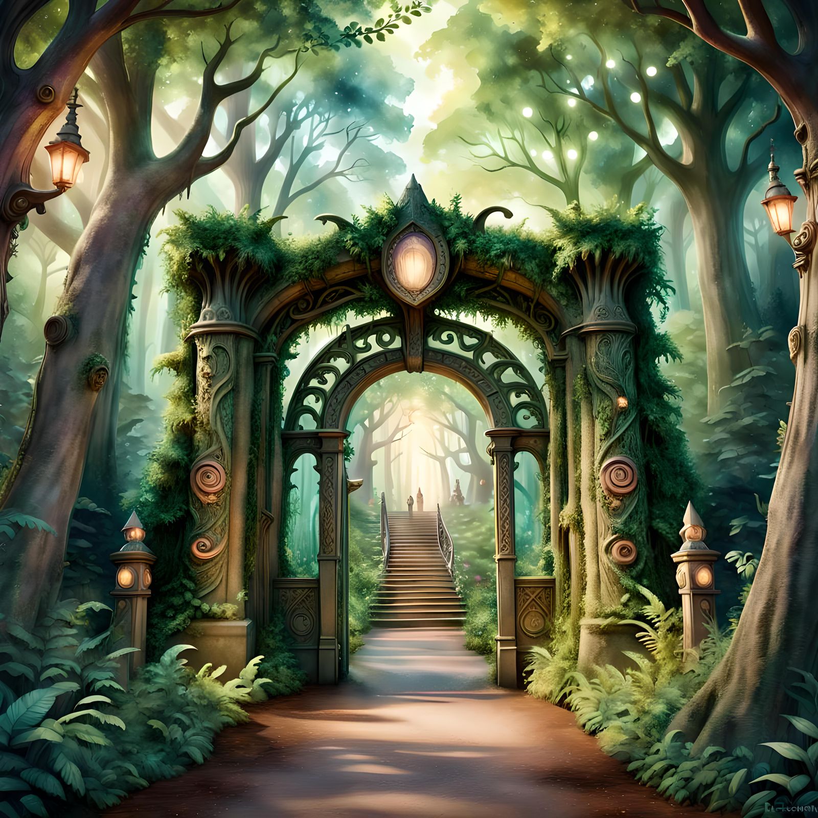 Fantasy Forest Gateway in Watercolor Style
