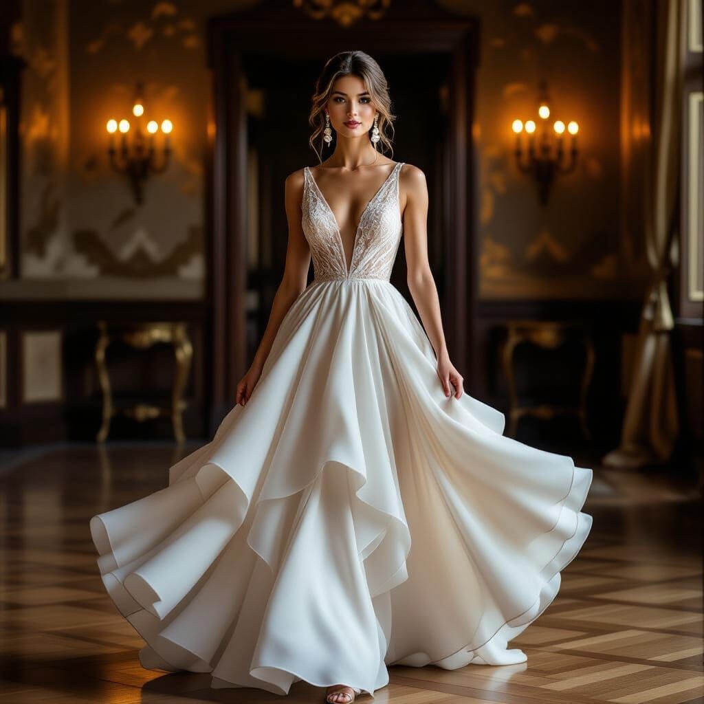 A soft, romantic portrait photograph captures a woman in a f...