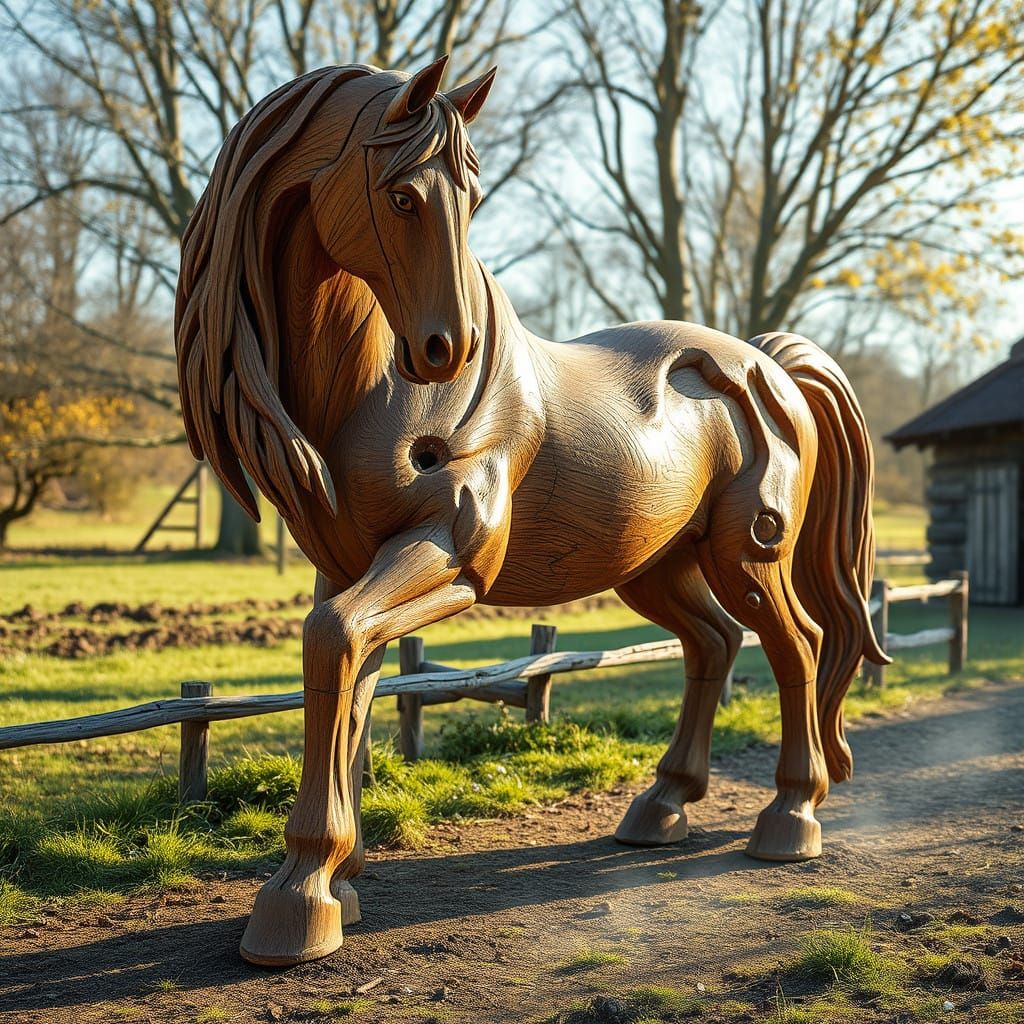 Majestic Wooden Horse in Sunlit Polish Countryside