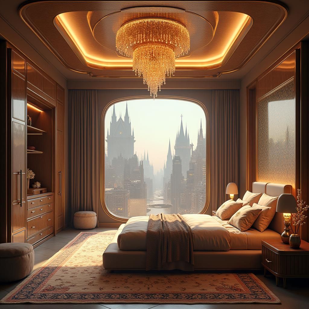 Luxurious Master Bedroom with Aurora Cityscape
