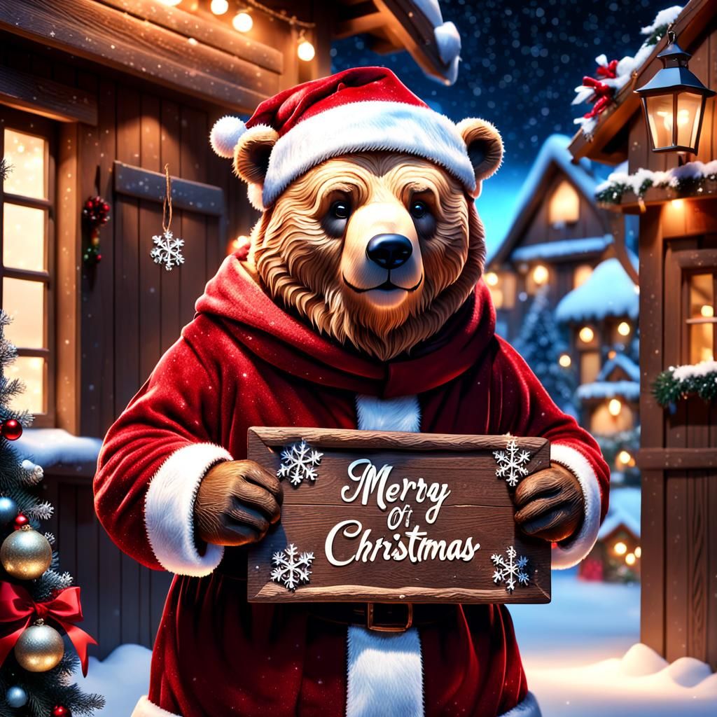 Festive Santa Bear Holding Christmas Sign in HDR