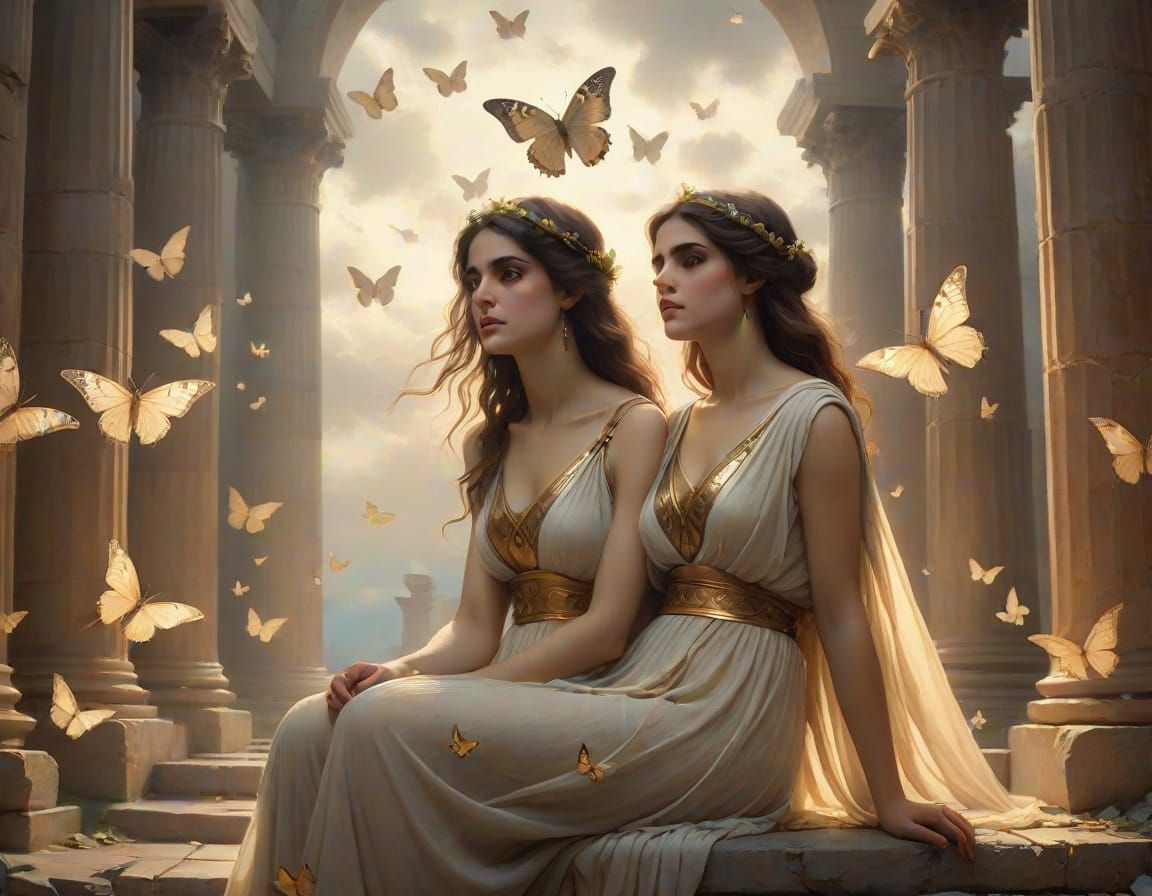 Greek Goddess of Soul Surrounded by Butterflies in a Moonlit...